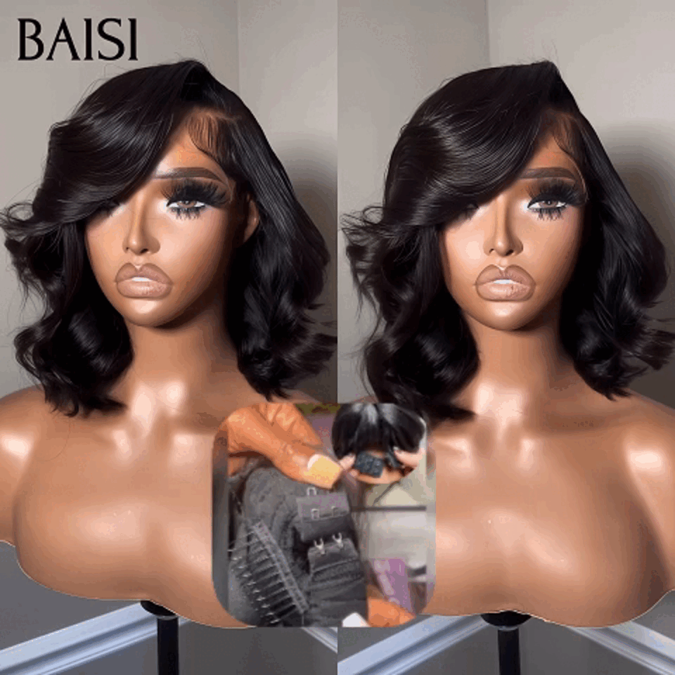 BAISI 13x4 gerade Bob-Perücke in Schwarz, leimloser Spitzenfrontschnitt, einfach zu tragen, 100 % Echthaar B