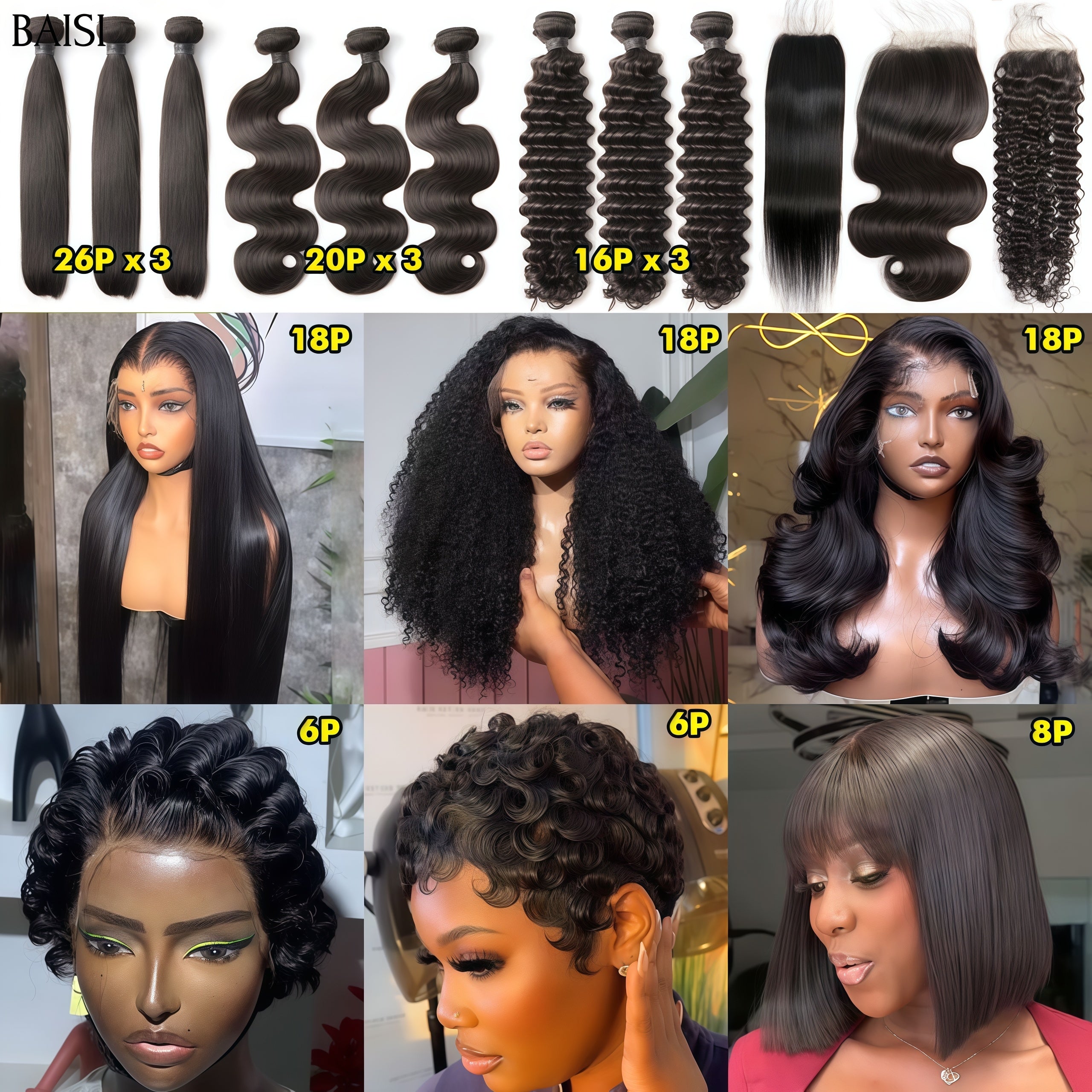 BAISI Vente En Gros Lot De 6 Perruques 9 Tissages 3 Closures Abordable 699 Euro En 100% Cheveux Humains