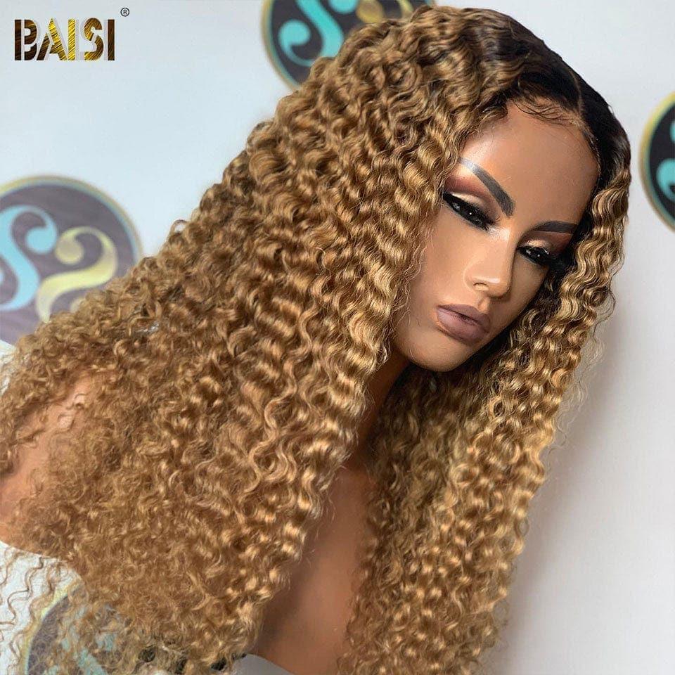 BAISI 13x4 Frontal-Perücke, tiefe Welle in der Farbe #1B#27, vorgezupft, kein Kleber erforderlich, aus 100 % Rohhaar, Spitze bereits geschnitten