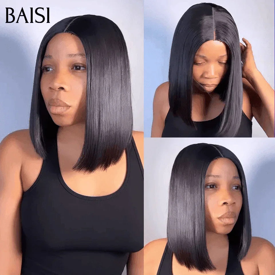 BAISI Grand SOLDES TVA 0€ 115€ 12 Pouce SDD BONE Straight 300% densité 100% Vietname Hair 2x6 Lace Closure Perruque Lisse En 100% Cheveux Humains Vietnam Hair FR38