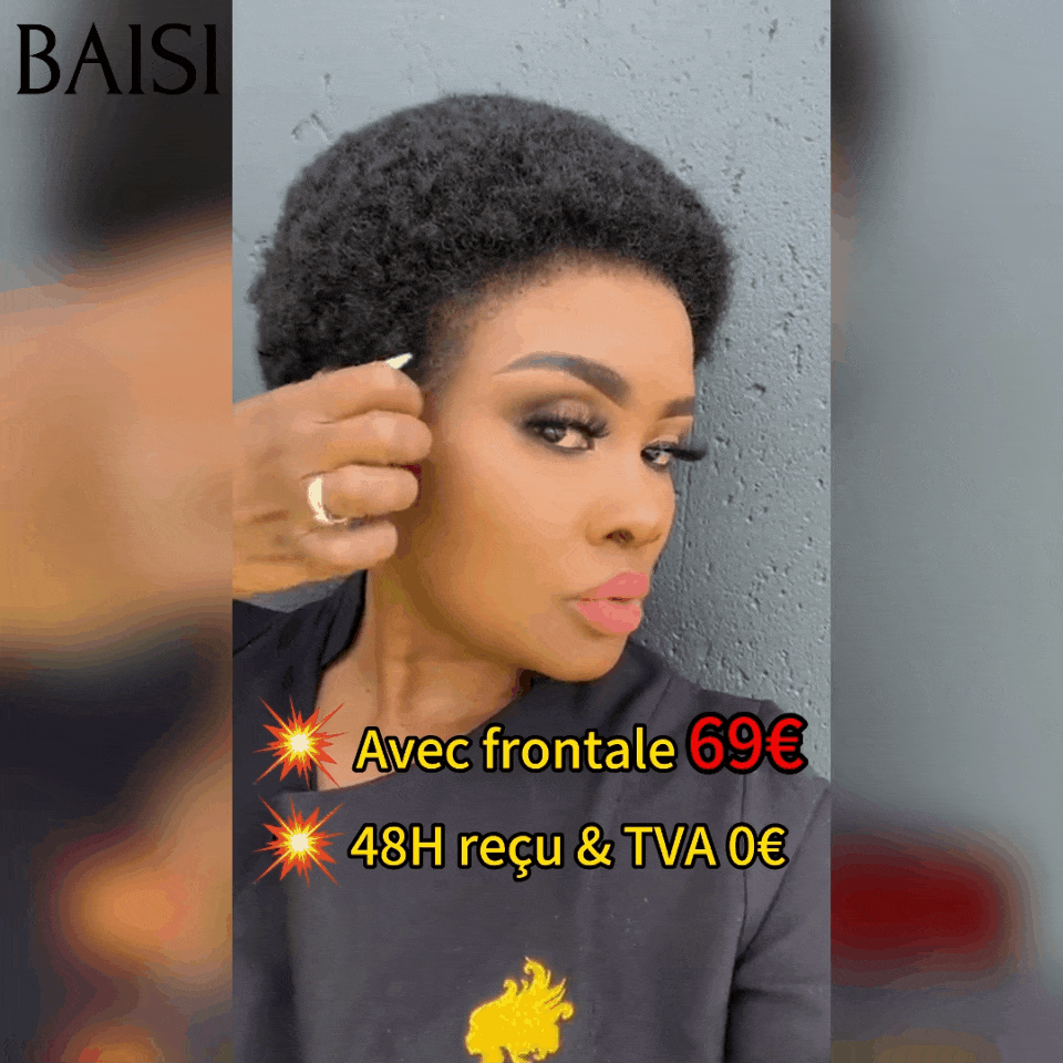 BAISI Prix Perruque Pixie Afro Curl 13x4 lace frontal bouclé partout Noir en 100% cheveux humains F-905 FR20