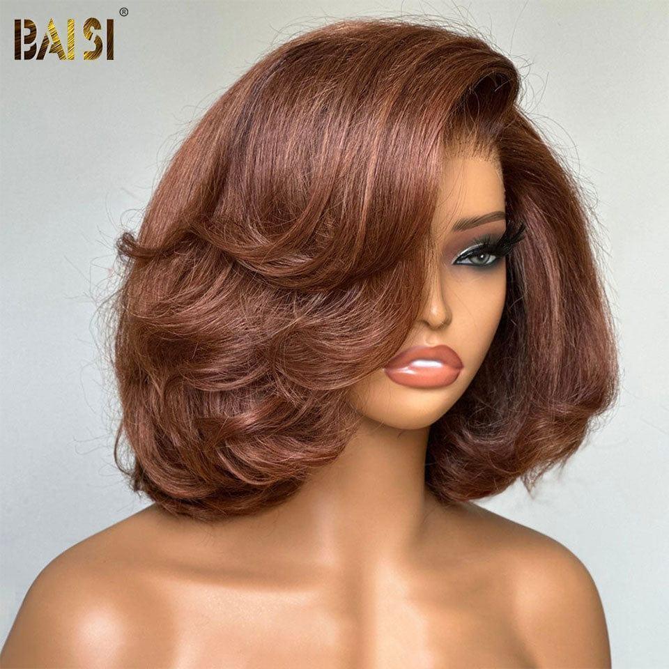 BAISI Perruques de Luxe A2 Fabriquées par les cheveux double drawn mèches vièges 13x4 Lace Frontal Perruque Egg curl Noir en 100% Cheveux Humains plus de 20 ans d' utilisations 065C