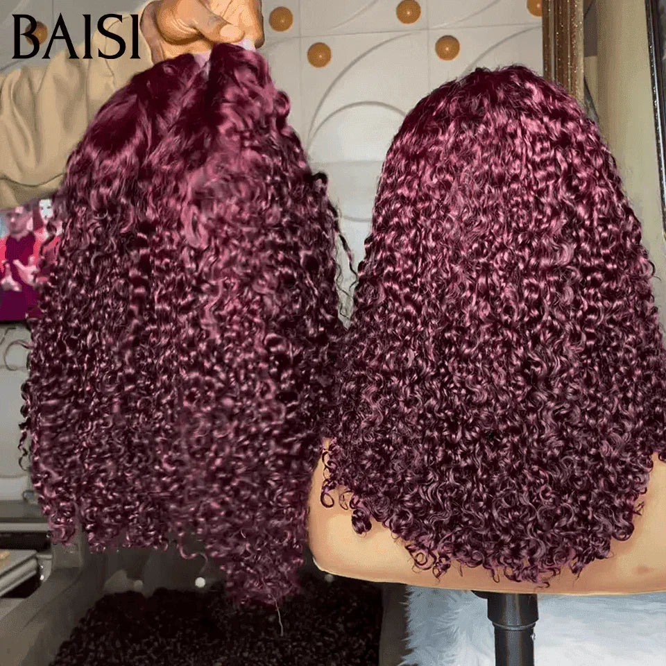 BAISI Grand SOLDES TVA 0€ 108€ Volume 250% densité Couleur Bordeaux 99j Lace 4X4 Perruques de Luxe curly Wave double drawn mèches vièges en 100% Cheveux Humains FR38