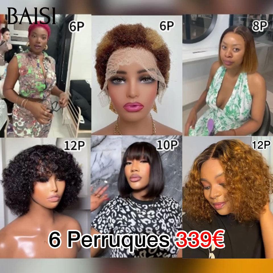 BAISI 6 Perruques 339€ 13X4 afro curly et 2X6 lisse 1BT27# 8 pouces et bob avec frange et T part afro curly 1BT30# en 100% Cheveux Humains BS65