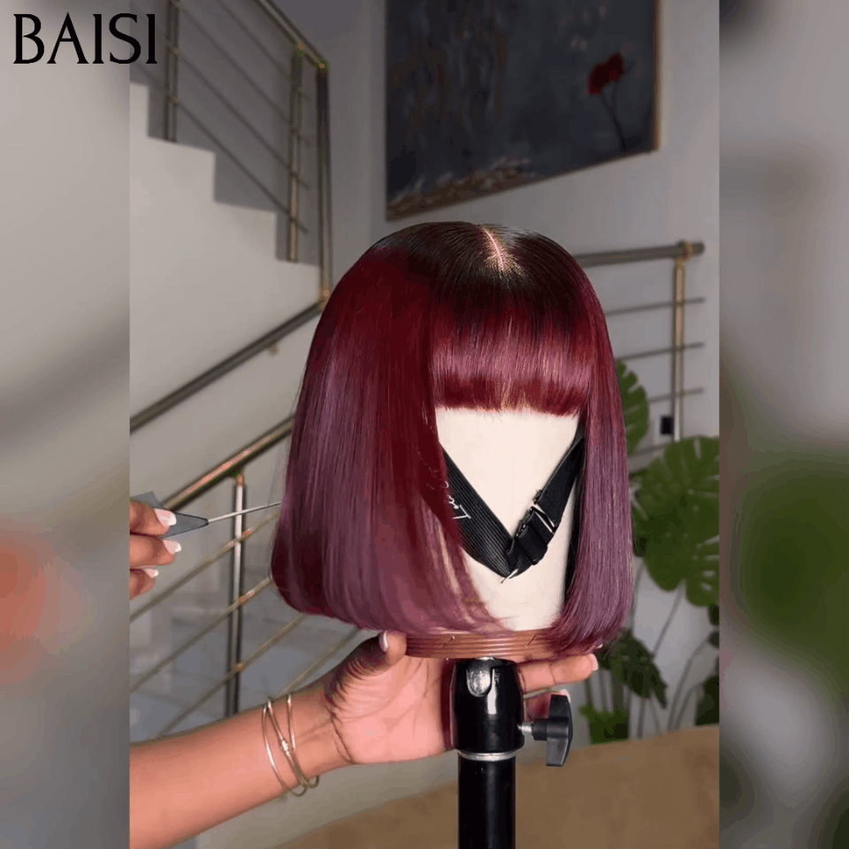 BAISI Straight Bob With Bangs Luxury Wigs 100% Vietnam Hair SDD BONE STRAIGHT Burgundy Color #1B#99J 300% A1 density Made by double drawn hair 15A no lace no glue
