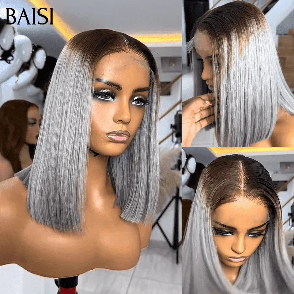 BAISI Collection Salt and Pepper SDD BONE STRAIGHT Wig Smooth Bob 2x6 Lace Closure 100% Vietnamese Hair in color #4/Grey 100% Real Human Hair