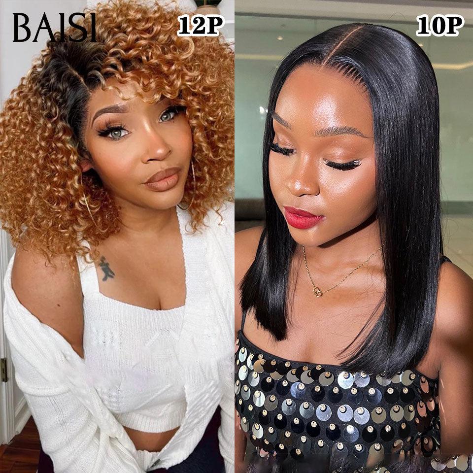 BAISI 2 Perruques pour revendre T-part lace afro curl 1BT30# 12 Pouces ou 4X4 lace Lisse NOIR 10 Pouces 200% densité en 100% vrais cheveux humains FR20