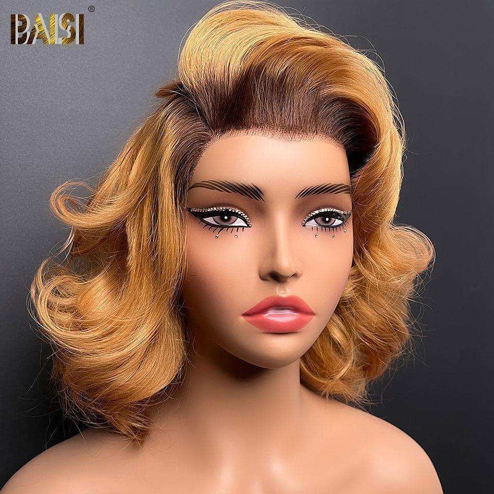 BAISI 13x4 Frontalperücke mit großen Locken 12 Zoll in Honigfarbe mit braunem Ansatz 4T27# 149 € in 100 % echtem Menschenhaar BS120