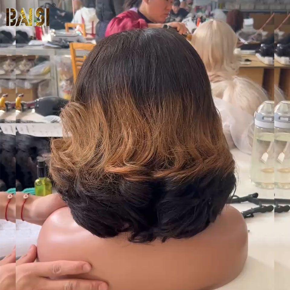 BAISI 13x4 Frontale Lace Perruque 16 Pouces En Couleur Brun avec Racine Noir 1BT27#1B# 148€ ou 10Pouces Marron 138€coupe personnalisée boucles voluminieux ou 2X6 lace 8 Pouces 78€ BOB Vietnam Hair 300% densité plus de 20 ans d' utilisations FR20