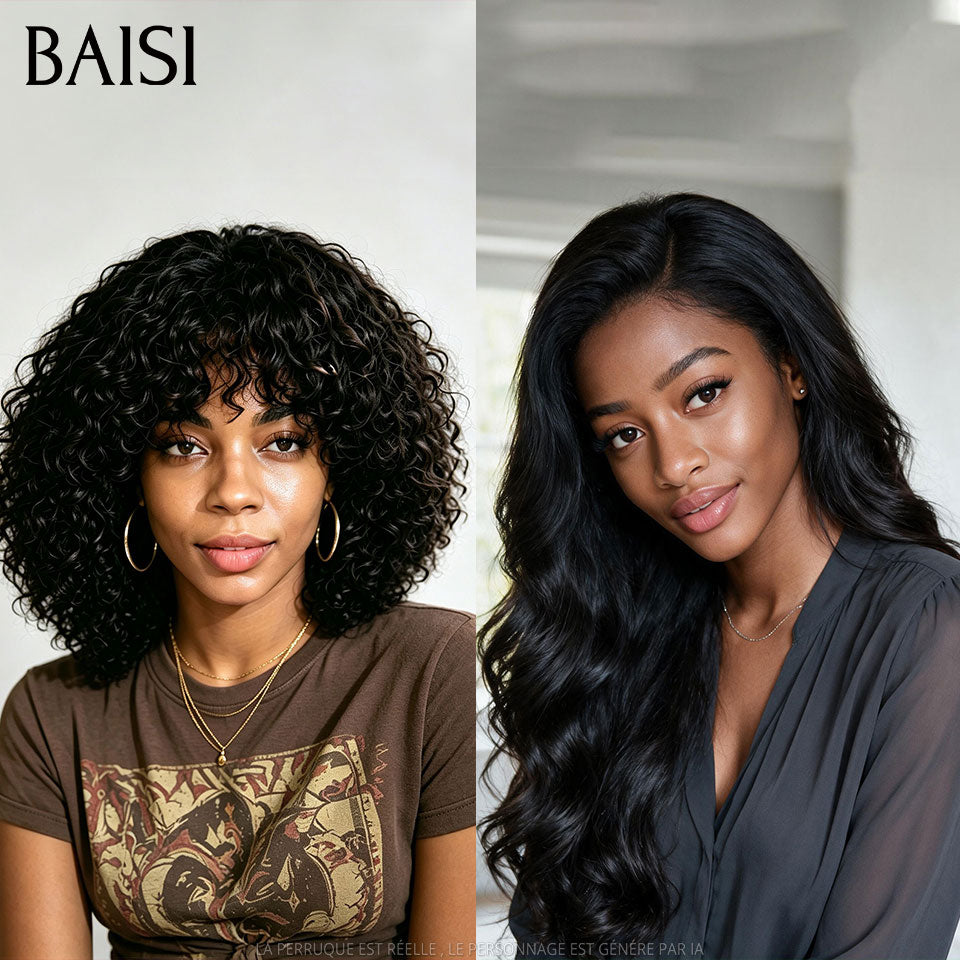 BAISI Lot 2 Perruques PROMO en France Ondulée 20P + Curly Avec Frange 10P 199€ Couleur Noir Pratique Au Quotidien en 100% Cheveux Humains Reçu 48H TVA 0€