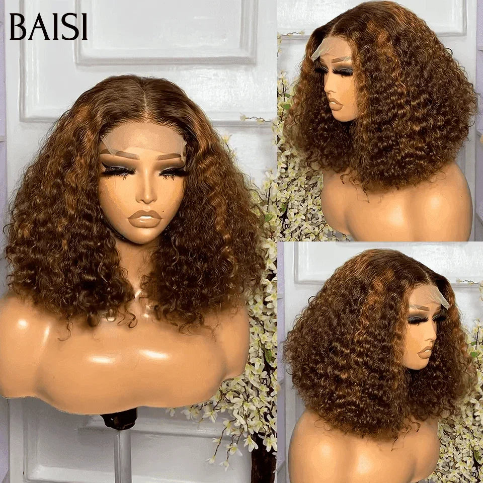 BAISI Grand SOLDES TVA 0€ 100€ Volume 250% densité 12 Pouces Couleur 4#Mix30# Lace 4X4 Perruques de Luxe curly Wave double drawn mèches vièges en 100% Cheveux Humains
