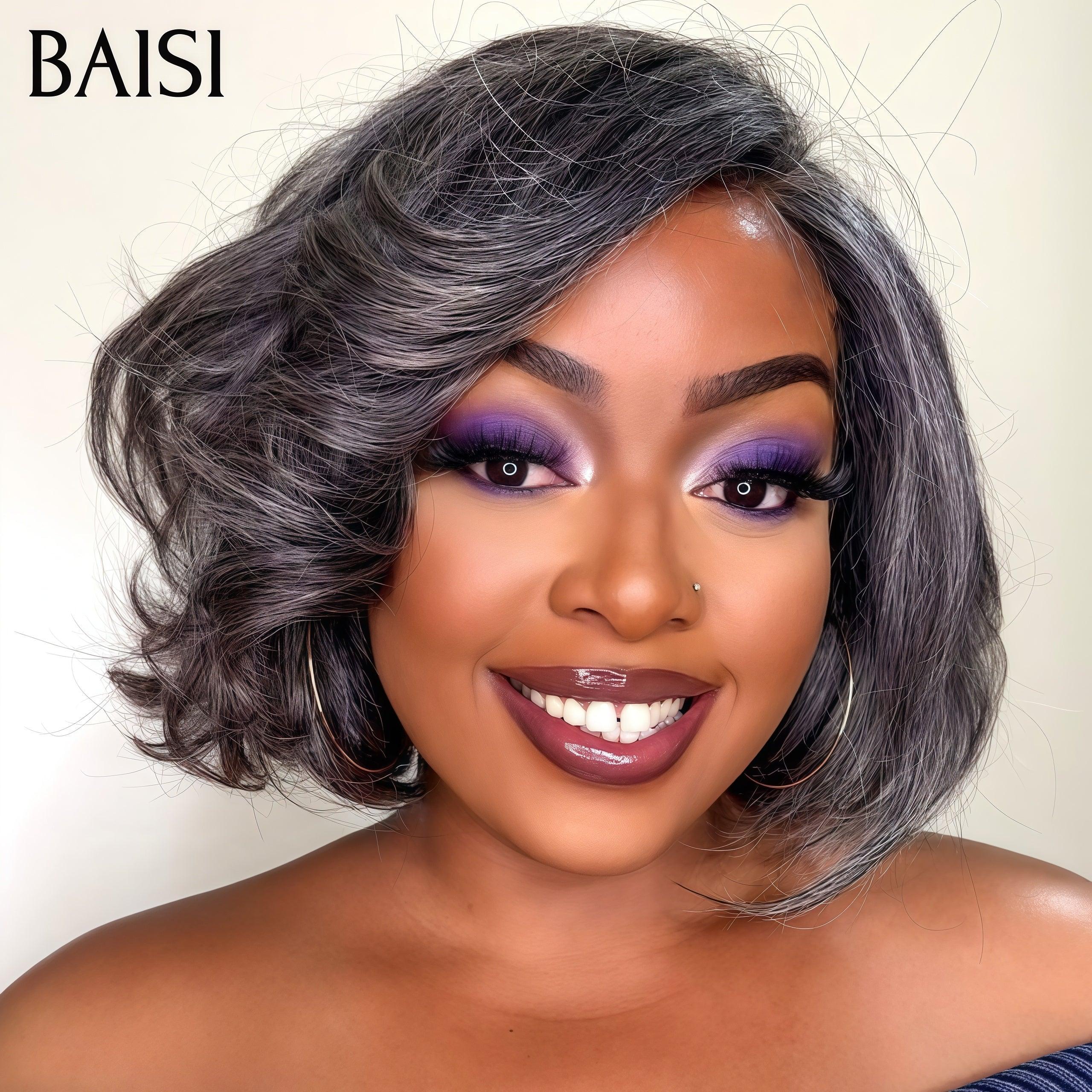 BAISI Collection Poivre et Sel 13X4 Perruque 95€ Bob bouclee Lisse noir mixte gris Pré-plucked Pas Besoin de Colle en 100% Raw Hair Lace déjà couper