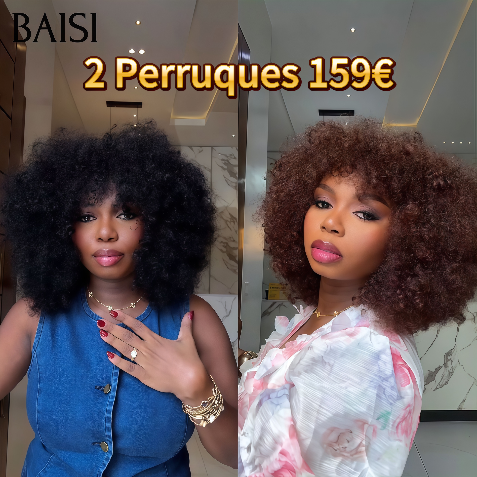 BAISI 2 Perruques 159€ promotion sans lace water wave avec Frange Bouclée Frisée 12 Pouces Volume de 250% Marron et NOIR en 100% Cheveux Humains