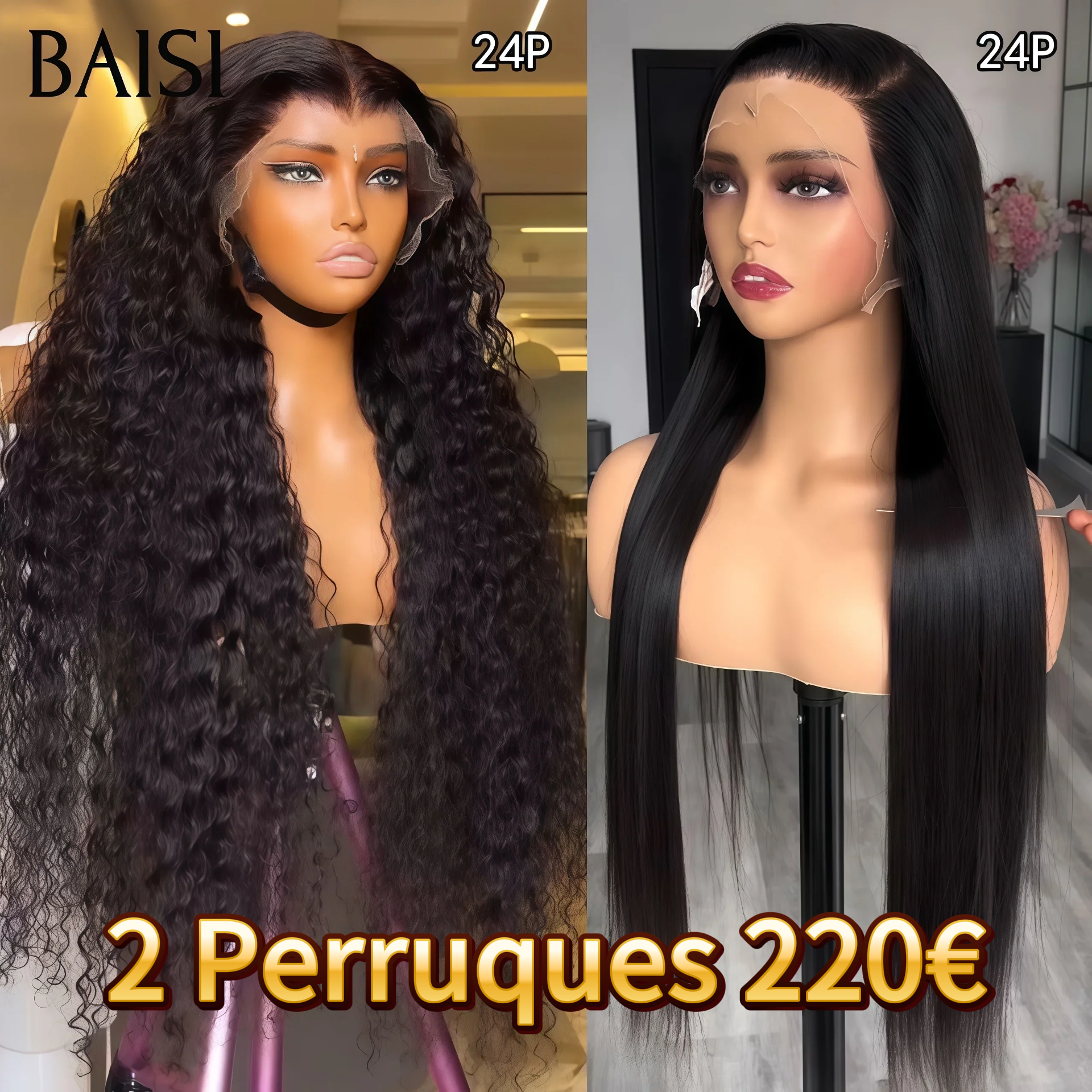 BAISI 2 Perruques pour revendre 220€ 13X4 curly wave et 4x4 lace closure Lisse 24 pouces couleur NOIR 200% densité en 100% vrais cheveux humains