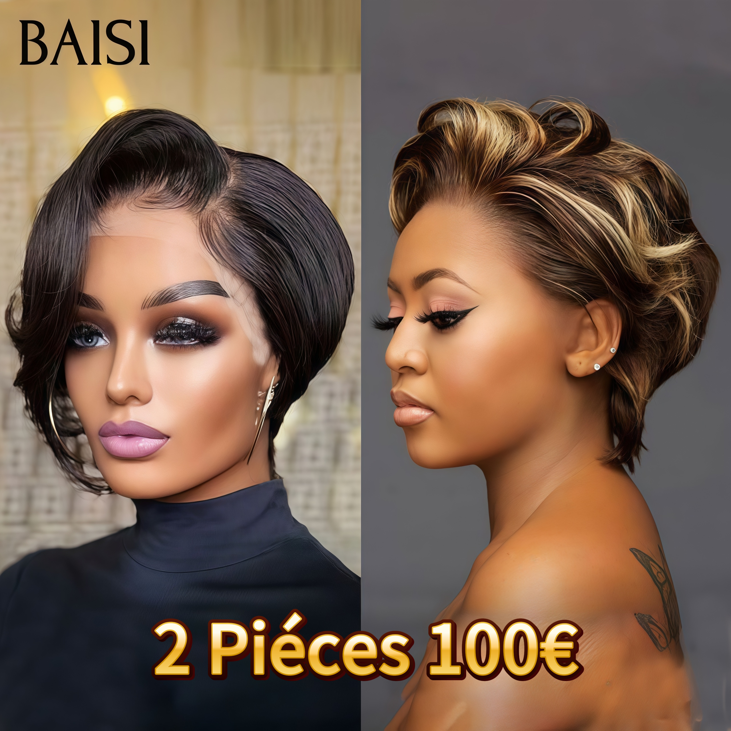 BAISI 2 Piéces 100€ pixie 13x4 Lace Frontale Perruque lisse petite coupe Facile à porter NOIR et Mixte Miel En 100% Cheveux Humains