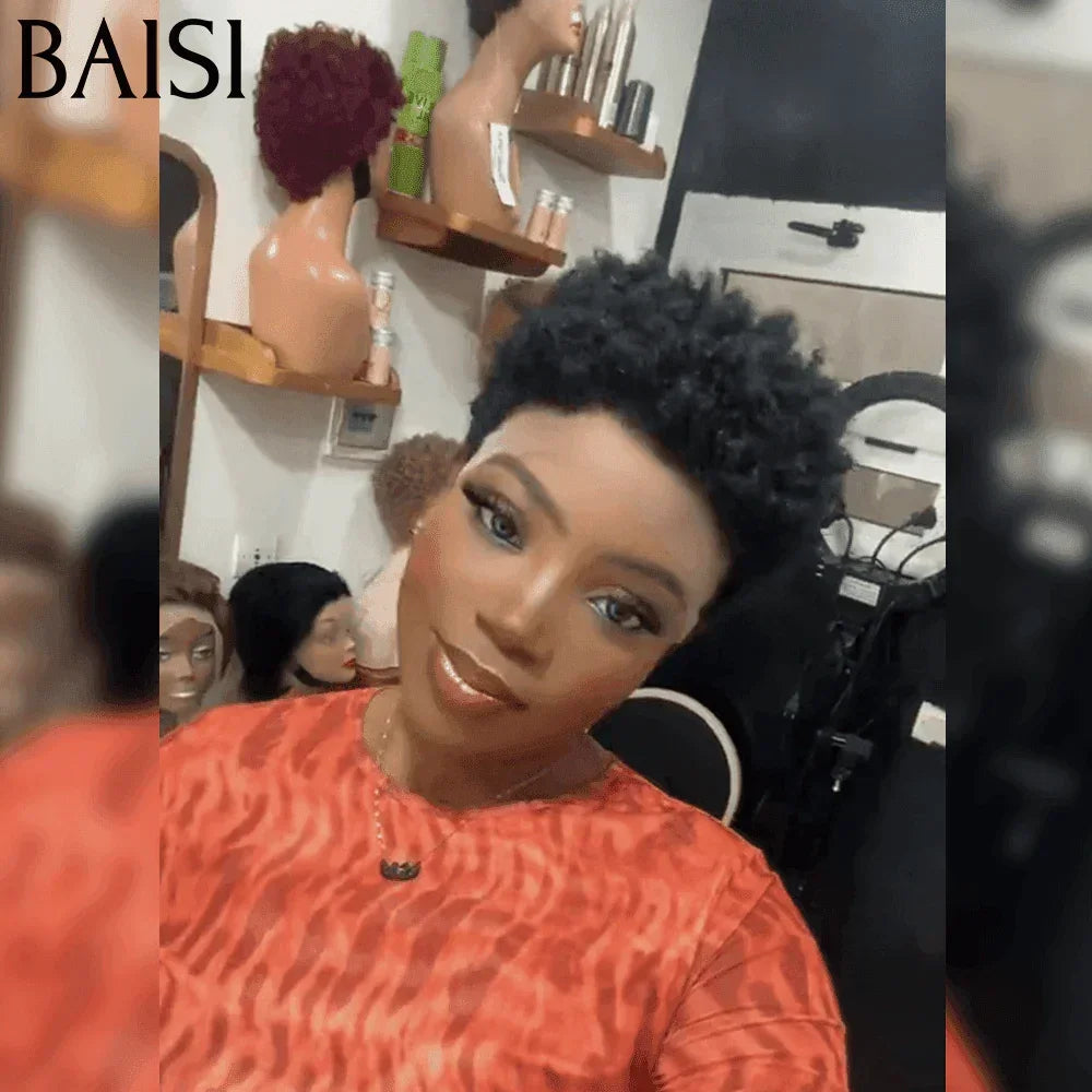BAISI Flash Offer Pixie Afro Curl Wig 13x4 lace frontal curly all over Black in 100% human hair F-905 FR20