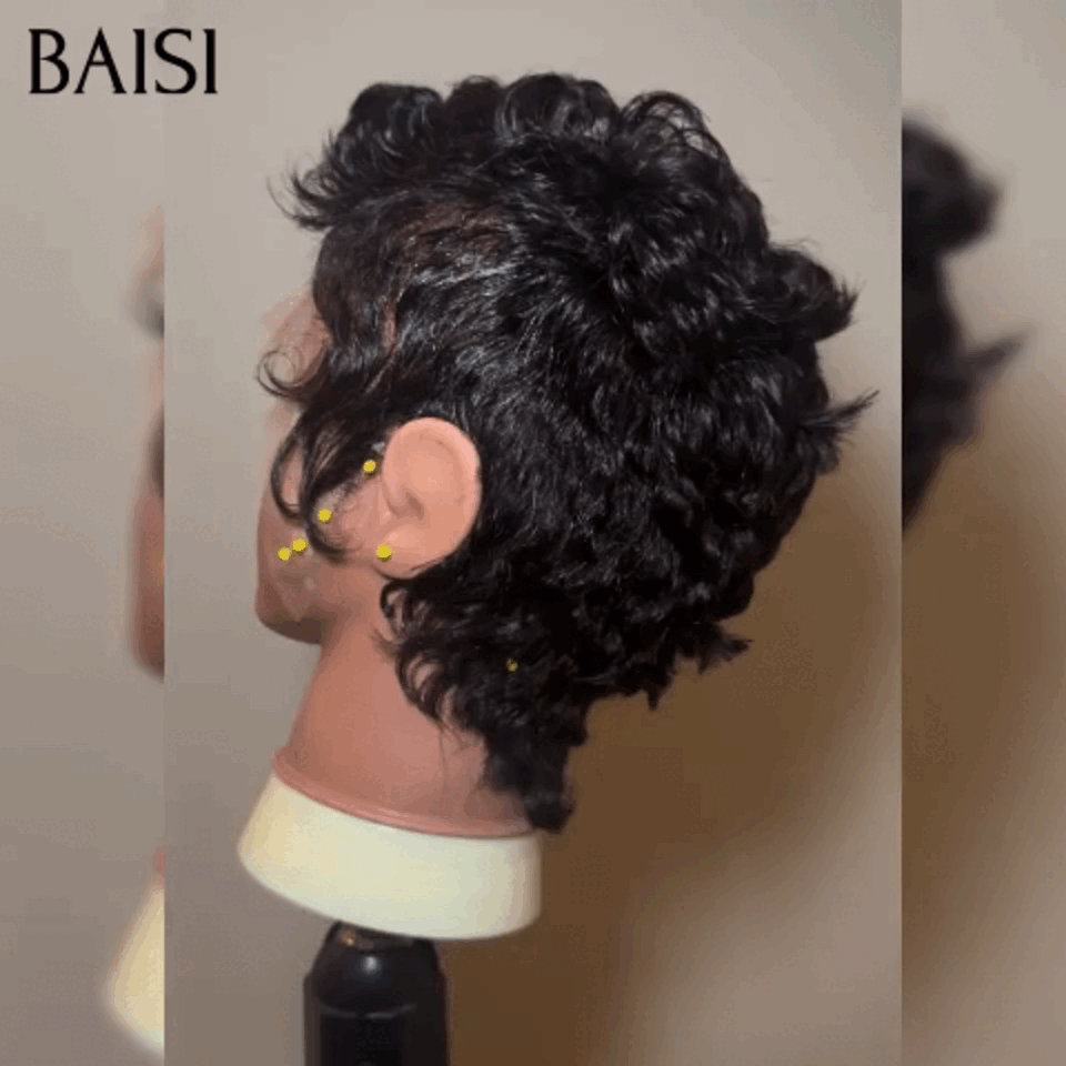 BAISI Wellige Perücke, Pixie-Schnitt, volle Spitze, Fingerwelle, kleiner Schnitt in schwarzer Farbe aus 100 % Echthaar BS50