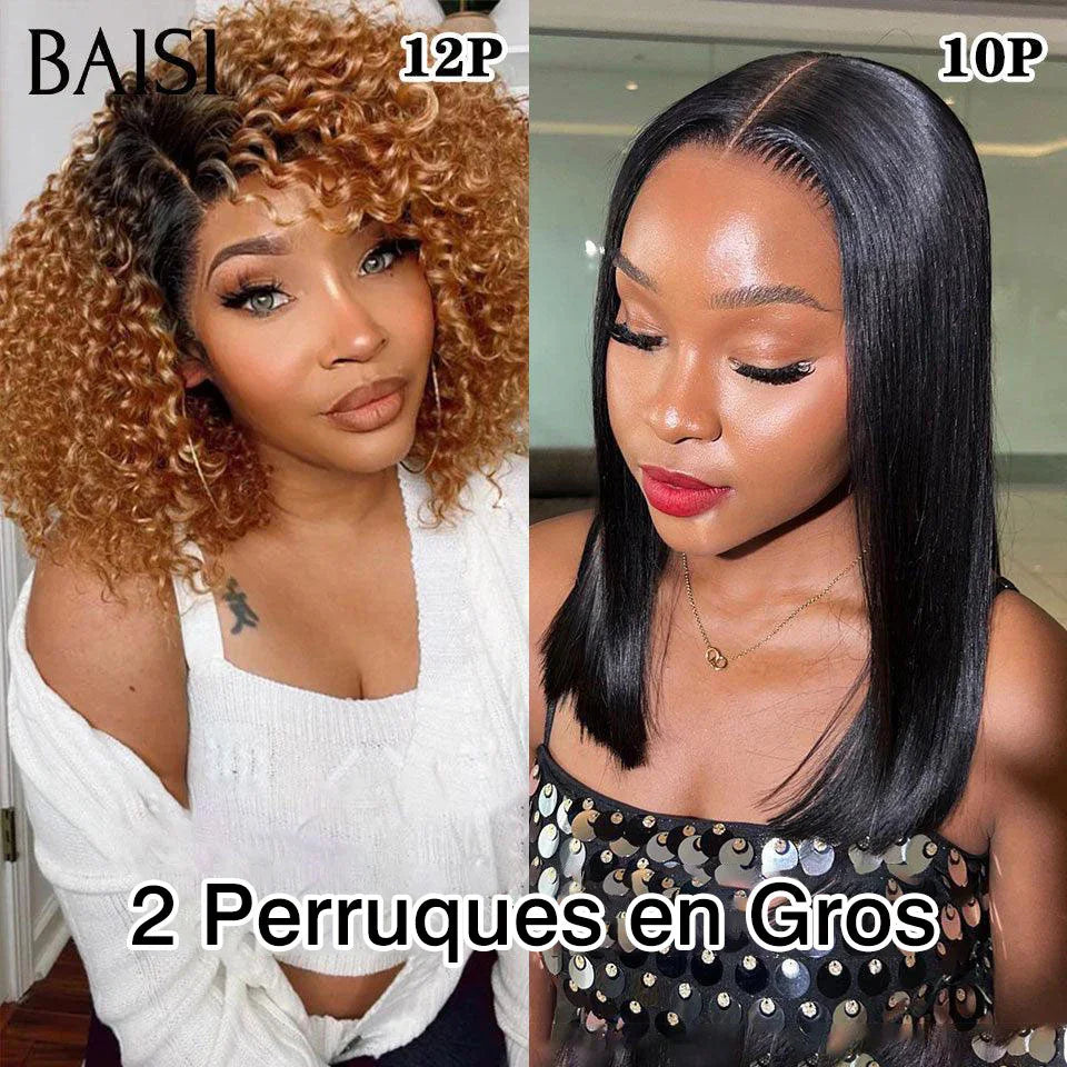 BAISI 2 Perruques pour revendre T-part lace afro curl 1BT30# 12 Pouces ou 4X4 lace Lisse NOIR 10 Pouces 200% densité en 100% vrais cheveux humains FR20