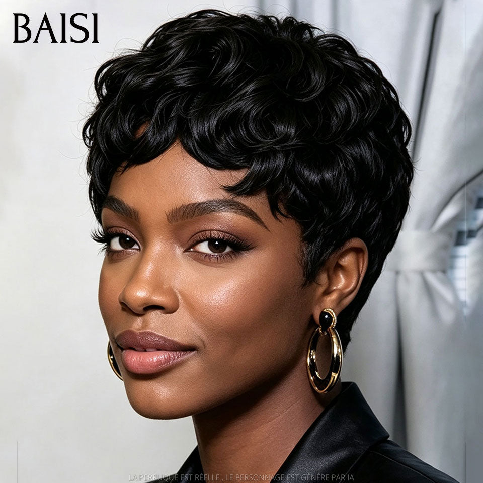 BAISI Perruque Chiomas 59€ Pixie Finger Wave petite coupe Lace Frontale en Couleur NOIR 68€ En 100% Cheveux Humains