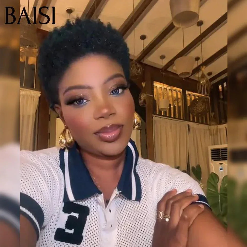 BAISI Pixie Afro Curl Wig 13x4 lace frontal curly all over Black in 100% human hair F-905