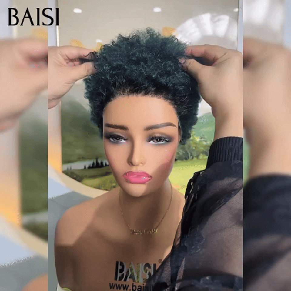 BAISI Collection Perruques Pixie Afro Curly Avec Frontale 98€ en couleur vert en 100% Cheveux Humains