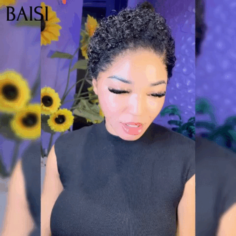 BAISI Wellige Perücke, Pixie-Schnitt, volle Spitze, Fingerwelle, kleiner Schnitt in schwarzer Farbe aus 100 % Echthaar BS50