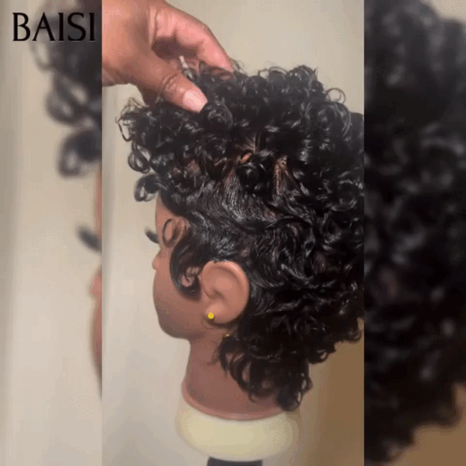 Parrucca ondulata BAISI Taglio pixie taglio intero in pizzo Onda con dita taglio piccolo in colore nero in capelli umani al 100% BS50