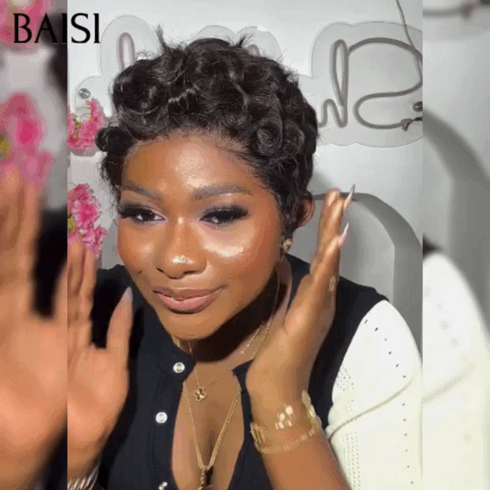 BAISI sans Colle water wave Mixte Miel 50€ ou 13X4 lace Perruque Pixie finger wave en Couleurs NOIR 56€ En 100% Cheveux Humains FR38