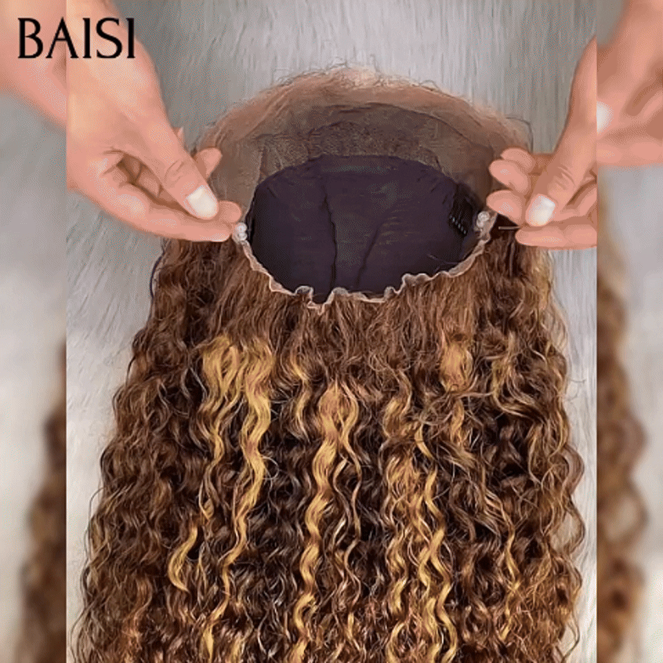 BAISI perruque Upgrade Invisible Strap 360 lace Frontal curly wave en Couleur marron Mixte Miel invisible et réglable Pré-plucked Pas Besoin de Colle 250% densité en 100% Raw Hair Lace déjà couper
