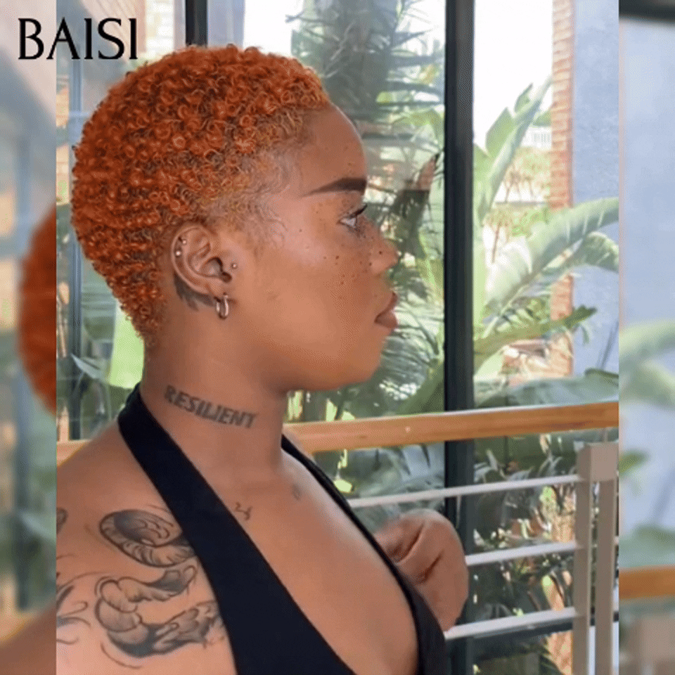 BAISI Full lace Perruques 159€ pixie afro orange 350# identique à la photo Facile à Porter en 100% vrais cheveux humains