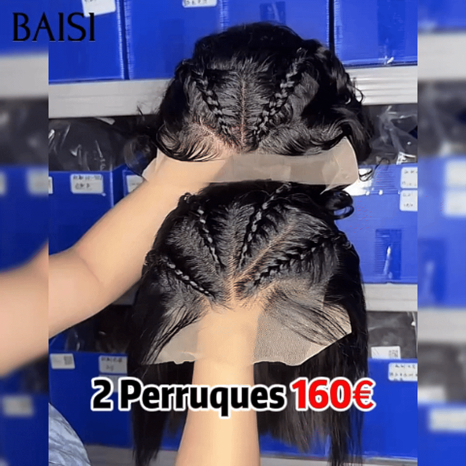 BAISI 2 perruques 160€ 13X4 lace frontal perruque bouclé wave et Lisse 12 Pouces Petite natte frisé identique à la photo NOIR 100% cheveux humains FR38