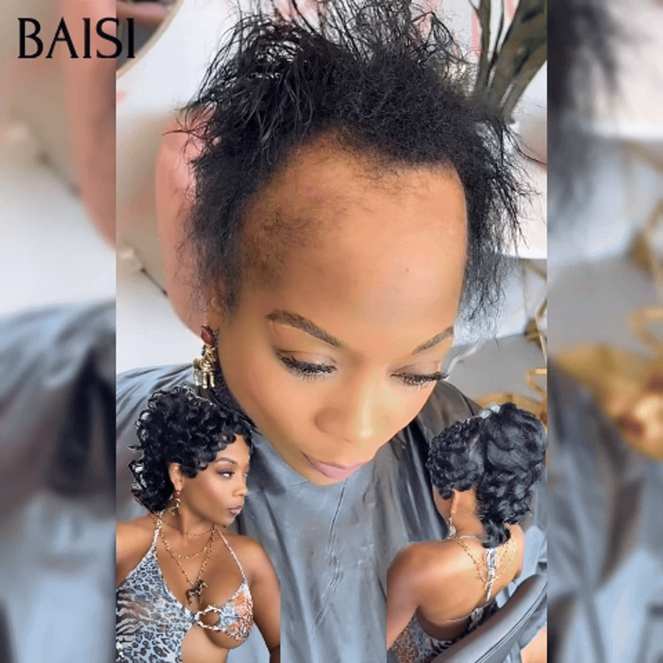 BAISI Perruque Pixie Finger Wave petite coupe fabriqué à la machine 100% comme indiqué sur la photo couleur naturelle En 100% Cheveux Humains