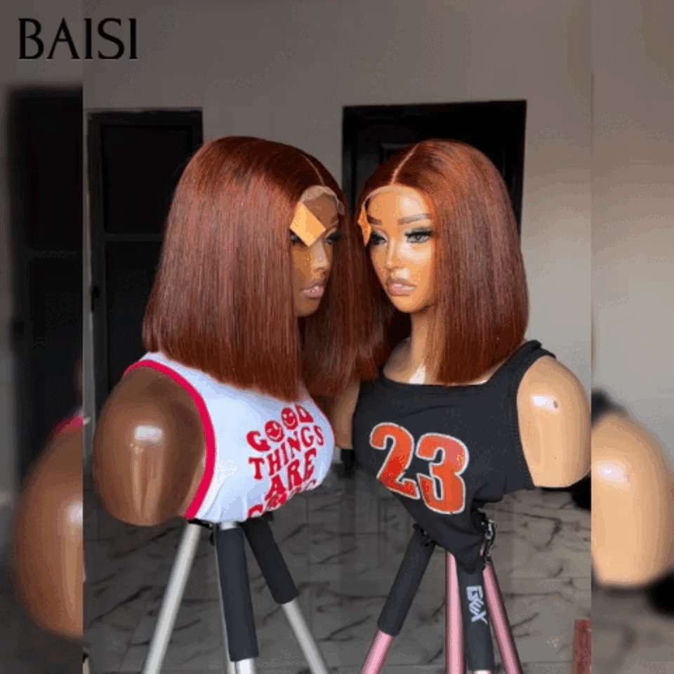 BAISI Perruque Lisse avec Frange 10 Pouces en Couleur 99J 200% densité 82€ ou 2x6 Lisse de luxe 10 Pouces Marron 119€ en 100% Cheveux Humains BS120