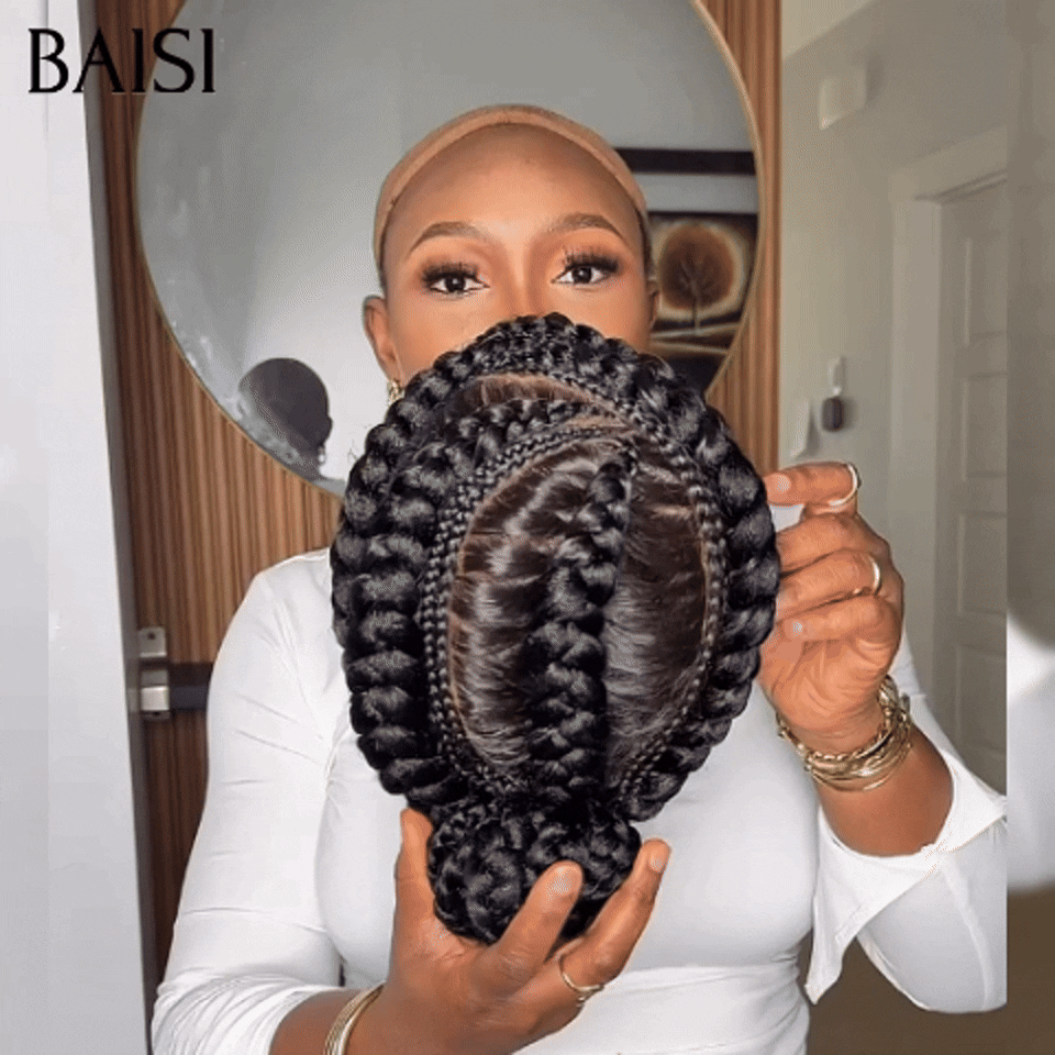 BAISI Perruque Full Lace style tresses regroupées en chignon 100% Cheveux Naturels Full lace perruque Petite natte en Couleur NOIR Coiffure Chignion 100% Comme la video 100% cheveux humains FR20