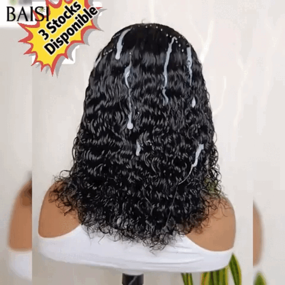 Peluca Bob rizada sin pegamento BAISI 13x4 en negro 8-14 pulgadas encaje frontal fácil de usar 100% cabello humano