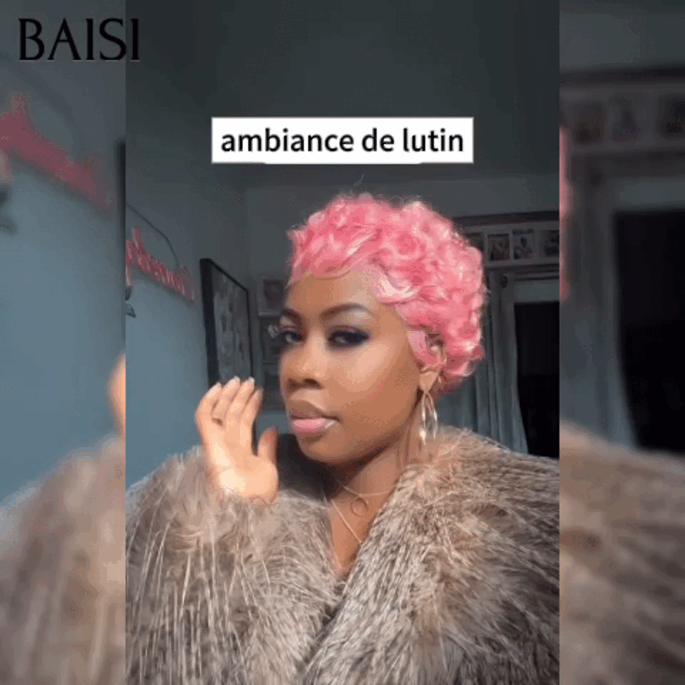 BAISI sans Colle pixie Lisse NOIR Mixte Miel ou 13X4 lace Perruque Pixie petite coupe en Couleur rose 90€ En 100% Cheveux Humains