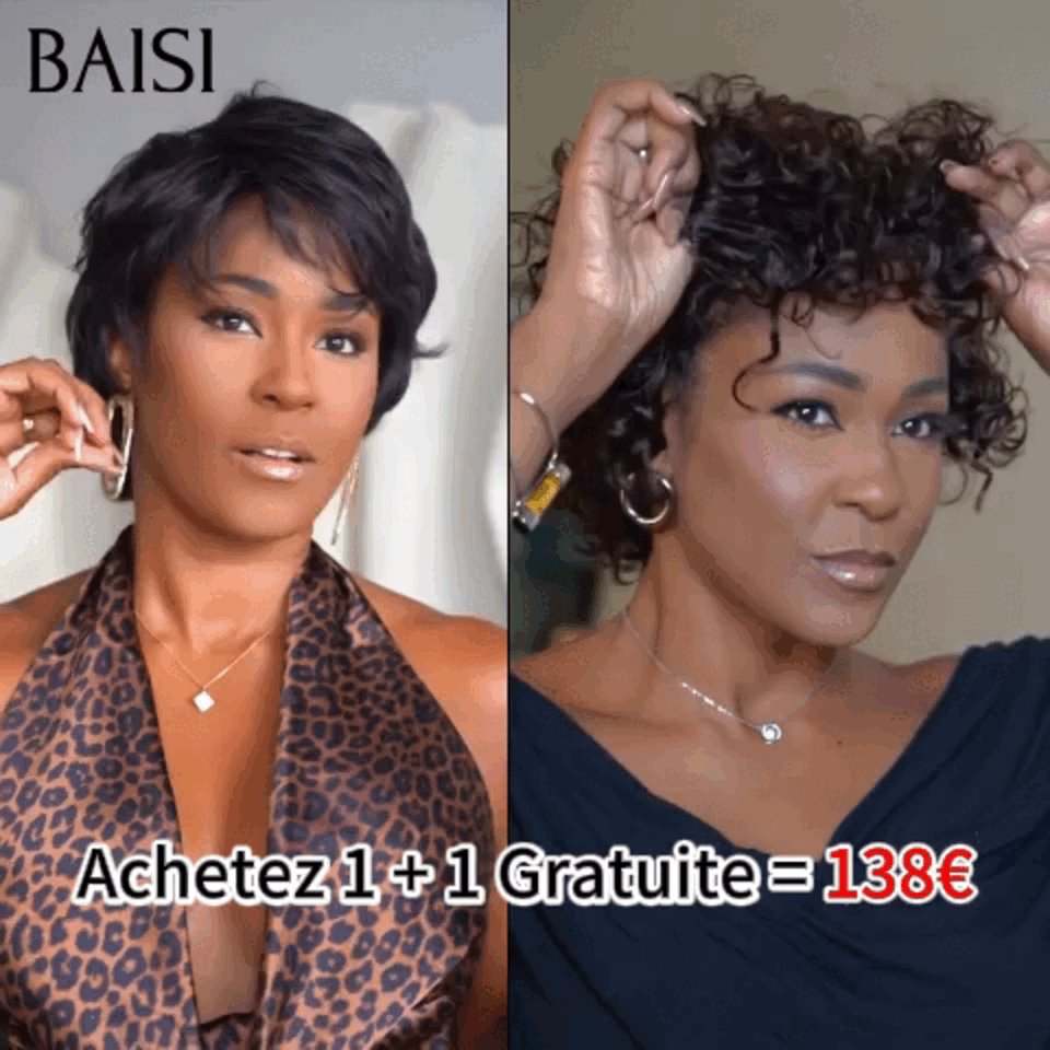 BAISI Achetez 1 + 1 Gratuite = 138€ 2 pixie NOIR ou Perruques petite coupe fabriqué à la machine 59€ moitié prix -9188 En 100% Cheveux Humains MP50