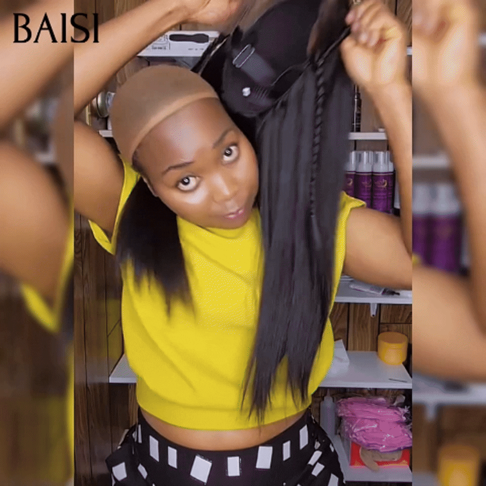 BAISI 13X4 lace frontal perruque Lisse 24 Pouces Petite natte frisé frontale 169€ identique à la photo NOIR 100% cheveux humains BS65