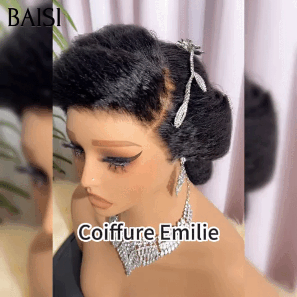 BAISI Coiffure de luxe Emilie Perruques Mariage Prête à porter chignon et personalisation comme sur la vidéo 100% identique avec lace frontale pour mariage ou événement spécial kinky straight BS120