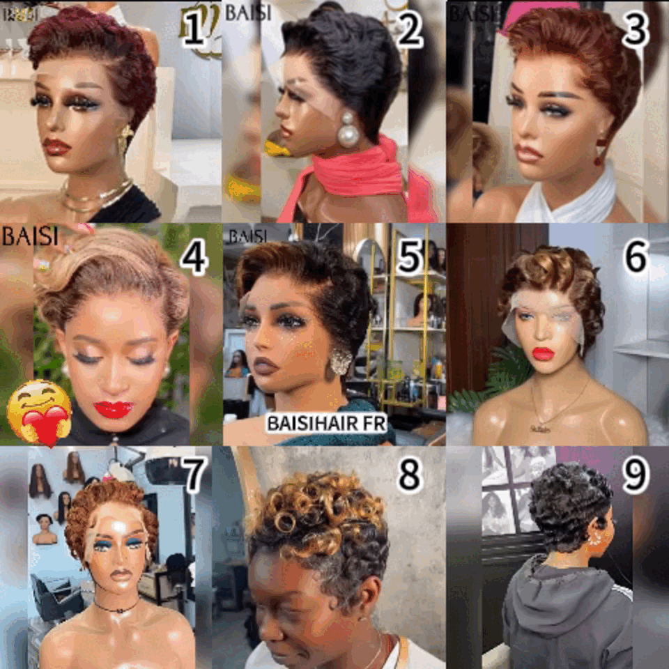 BAISI 3 perruques au choix 99€ ajouter dans le panier un par un au prix d'usine fournisseur coiffure Personnalisée boucle sans colle ou 13X4 lace 9 différentes types de perruques pixie vente en gros pour revendre (Pas Besoin de Code)