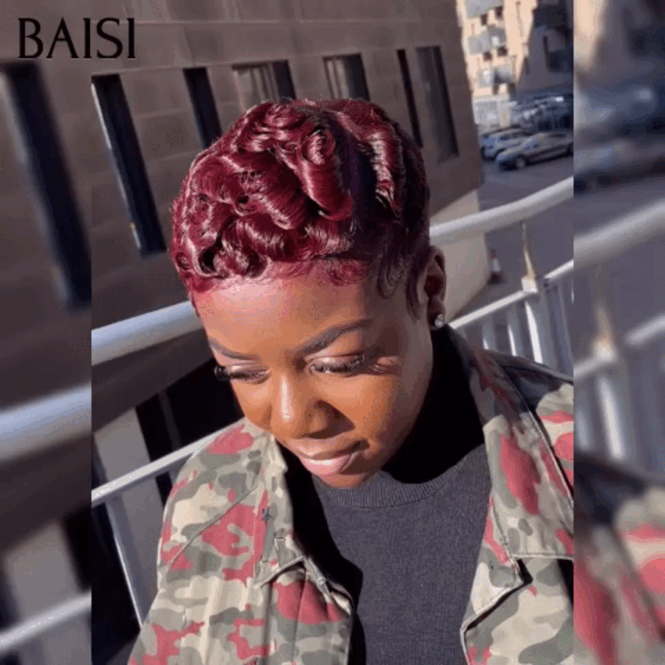 BAISI Perruque Pixie 13x4 lace curly wave ou finger wave sans Colle sans lace Couleurs Bordeaux 99J# en 100% Cheveux Humains