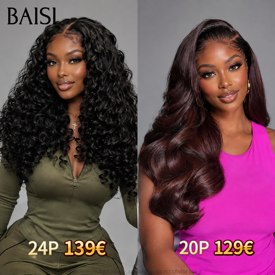 BAISI Grand PROMO BLACK FRIDAY BAS Prix aujourd'hui lace frontal 13x4 Perruque body wave Bordeaux et curly wave NOIR en 100% Cheveux Humains