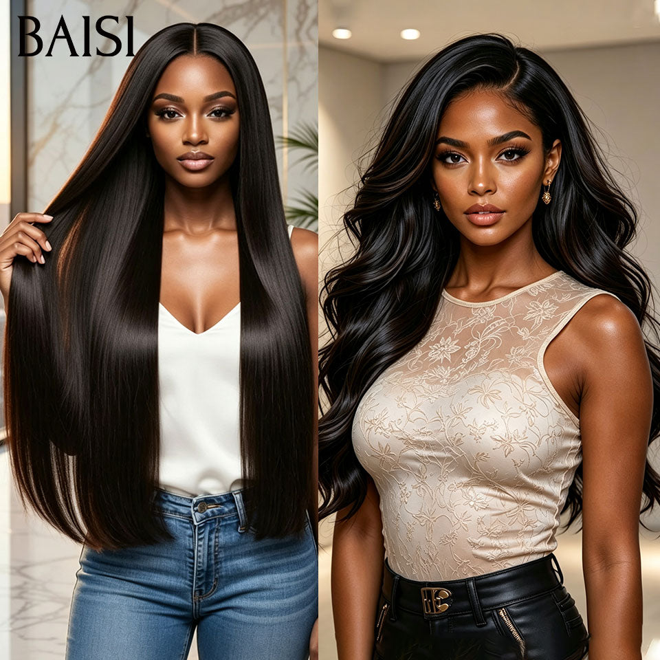 BAISI 13x4 Lace 2 Perruques 200€ Seulement Prix Spécial Pour Revendre Texture Lisse 24 Pouces + Body wave 22 Pouces NOIR 200% densité en 100% cheveux humains Stocks Limités