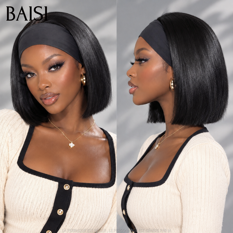 BAISI Lot de 2 Perruque Bob bandeaux Lisse 8Pouces 120€ 100% Vietnam Hair Couleur Rouge Bordeaux 99J# et Noir 1B# Sans Colle Prix Promotion en 100% Cheveux humains