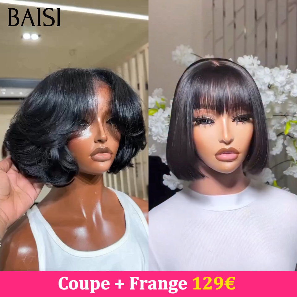 BAISI PROMO 2 Perruques 4x4 Lace Petite Coupe Ondulée + 2x4 Lace Bob Lisse Avec Frange 129€ Seulement Tendance Unique Pour les Vacances en 100% cheveux humains