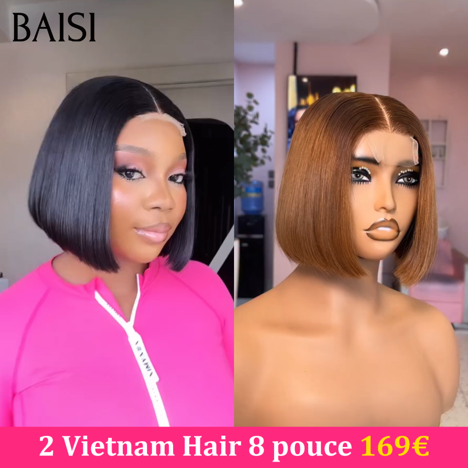 BAISI Lot 2 Perruques Bob Lisse 100% Vietnam Hair Noir + Marron 8 Pouces 169€ Ou Perruque Lisse Longue avec frange Marron 18 pouces En 100% Cheveux Humains