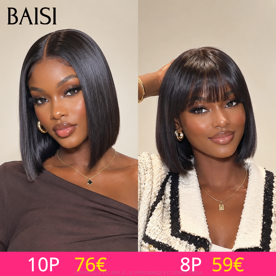 BAISI BLACK FRIDAY Offre limitée lace closure 4x4 Perruque 10 Pouces Lisse 1BT4# ou Lisse avec Frange 8 Pouces NOIR en 100% Cheveux Humains