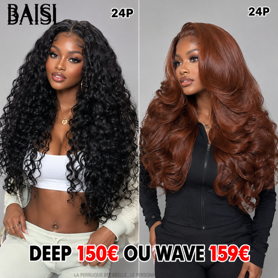BAISI 2 perruques 24 Pouces 13X4 lace frontal curly wave 150€ ou Body wave marron en 100% Cheveux Humains