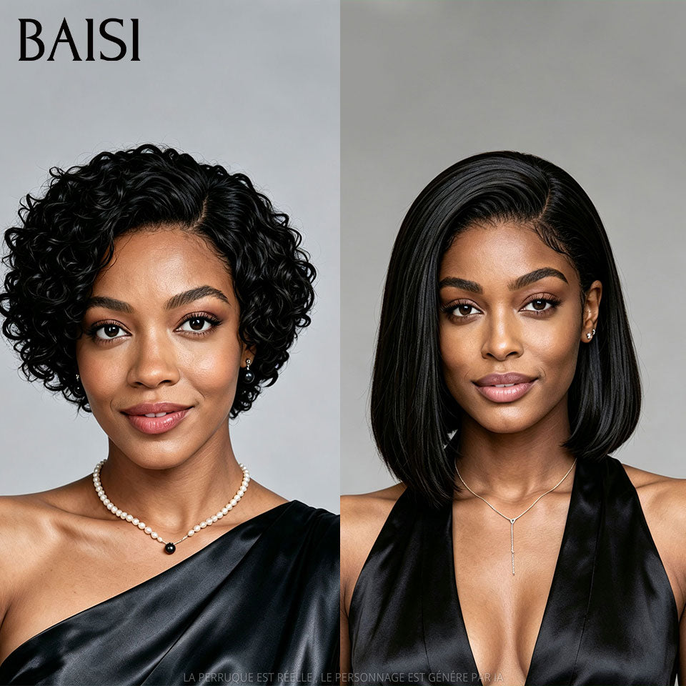 BAISI 13x4 lace Lot de 2 Perruques Pixie Curly + Bob Lisse 96€ Couleur Noir Pour Revendre ou Pour Sois Idéal en Eté en 100% Cheveux Humains