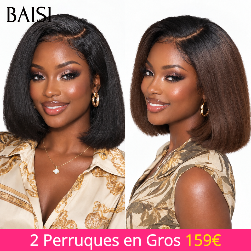 BAISI 13x4 Lace Lot de 2 Perruques Kinky Straight 10 Pouces 159€ Couleur Marron + Noir 1B et 1B/4# Forte Demande en 100% Cheveux humains Déjà en France Livraison 48H